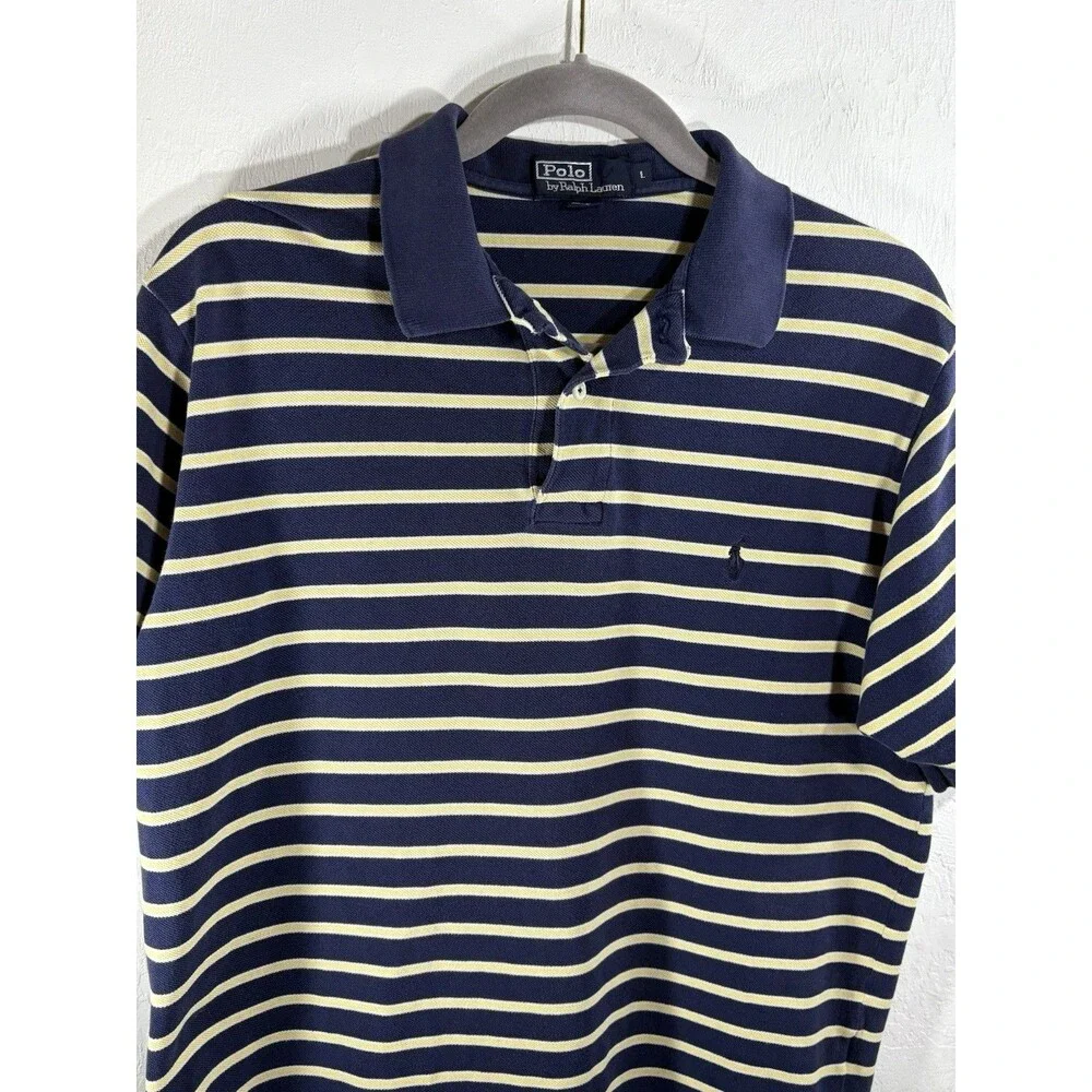 Polo Ralph Lauren Navy Blue Yellow Striped Men’s Large POLO Shirt 100% Cotton